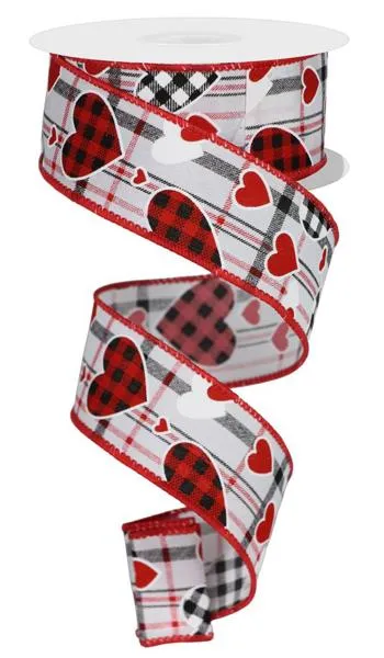 1.5"x10yd Check Heart/Mini Heart/Plaid, White/Red/Black  FB7