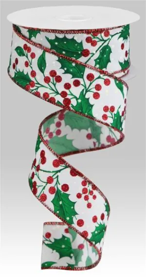 1.5"x10yd Holly Leaves w/Berries, White/Red/Emerald Green/Ivory  JY17D