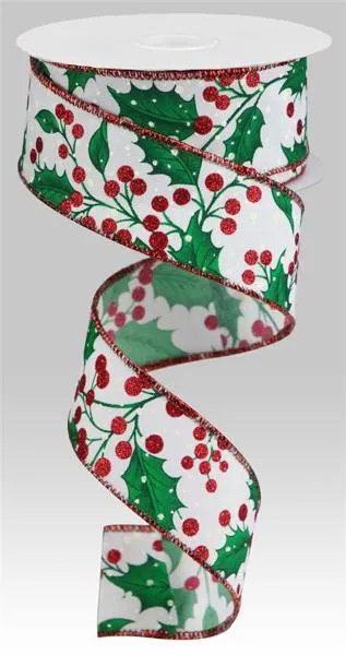 1.5"x10yd Holly Leaves w/Berries, White/Red/Emerald Green/Ivory  JY17D