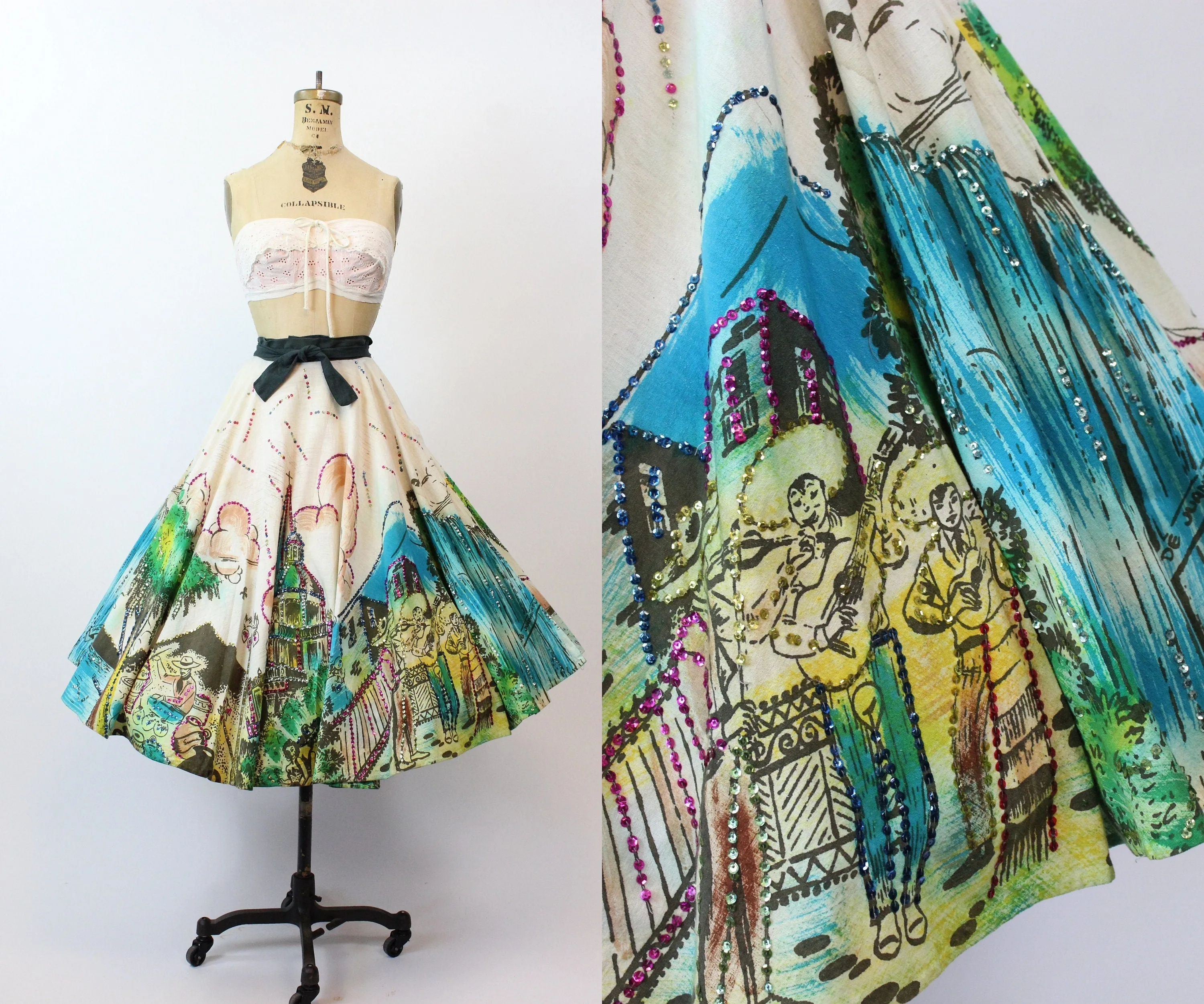 1950s MEXICAN NOVELTY sequin painted skirt medium | new spring summer