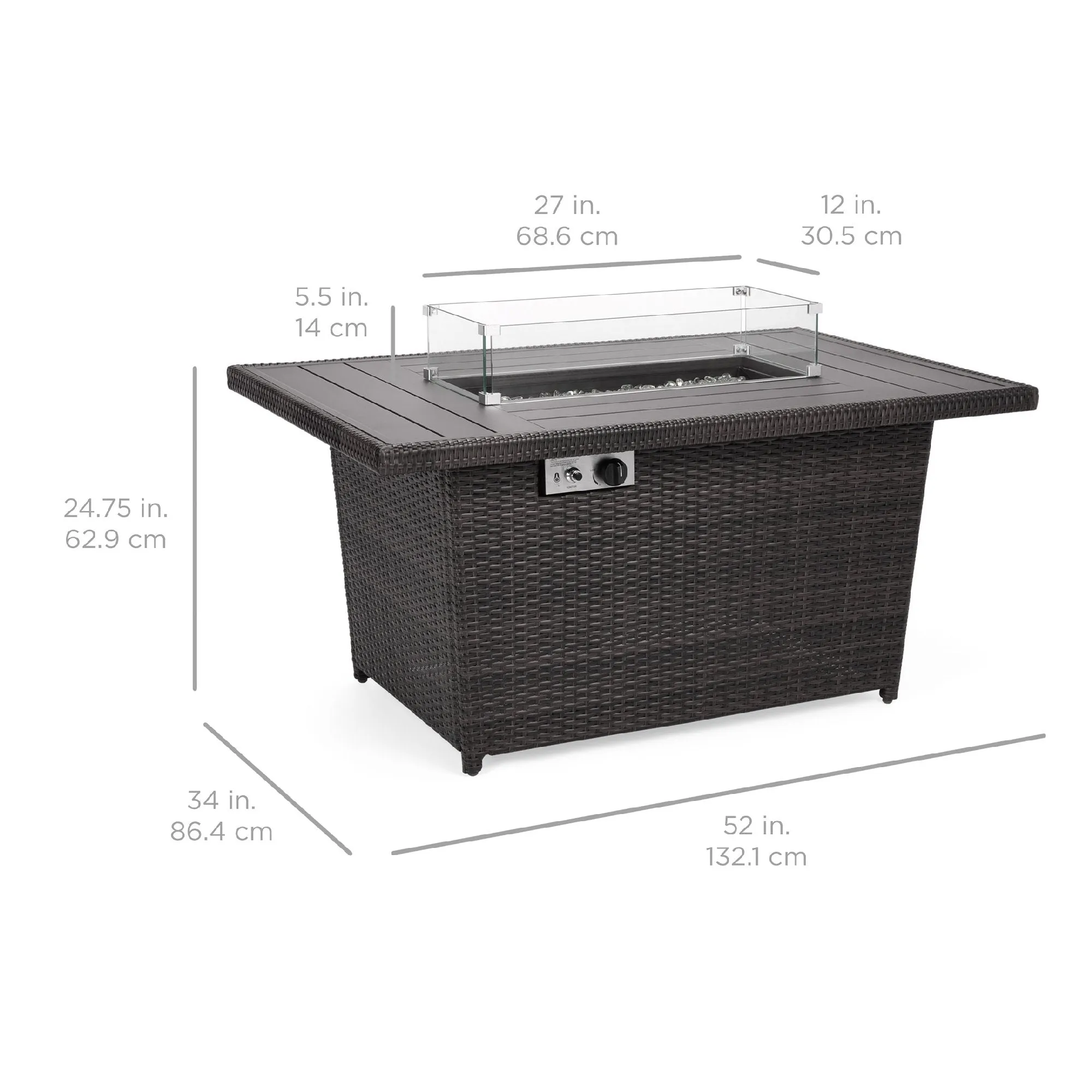 52in Wicker Propane Fire Pit Table, 50,000 BTU w/ Glass Wind Guard, Cover