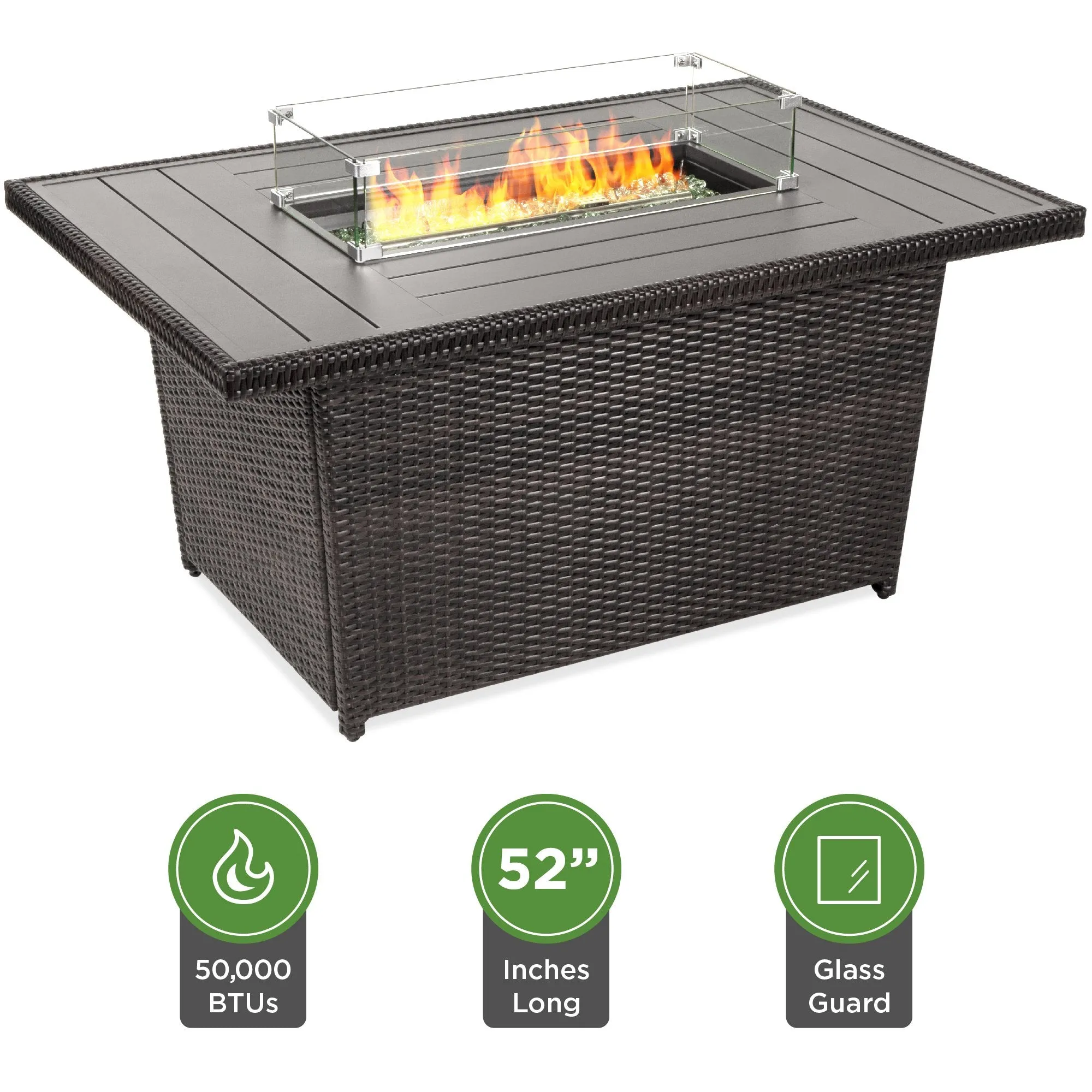 52in Wicker Propane Fire Pit Table, 50,000 BTU w/ Glass Wind Guard, Cover