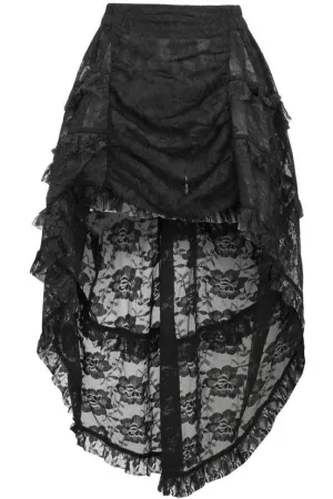 Black Lace Ruched Front High Low Lace Skirt