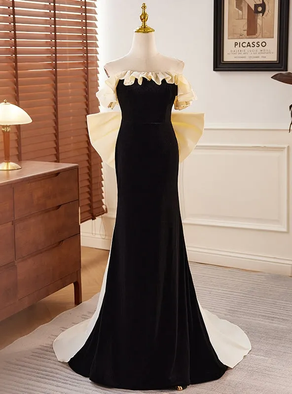 Black Velvet Champagne Bow Strapless Prom Dress