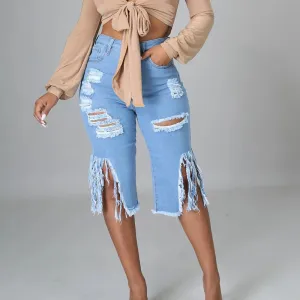 Casual Zipped Tassel Denim Shorts Jeans