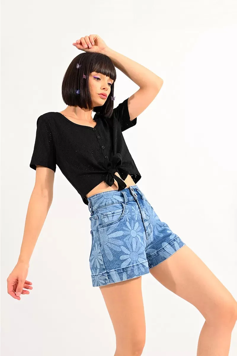 Daisy High Waisted Printed Denim Shorts