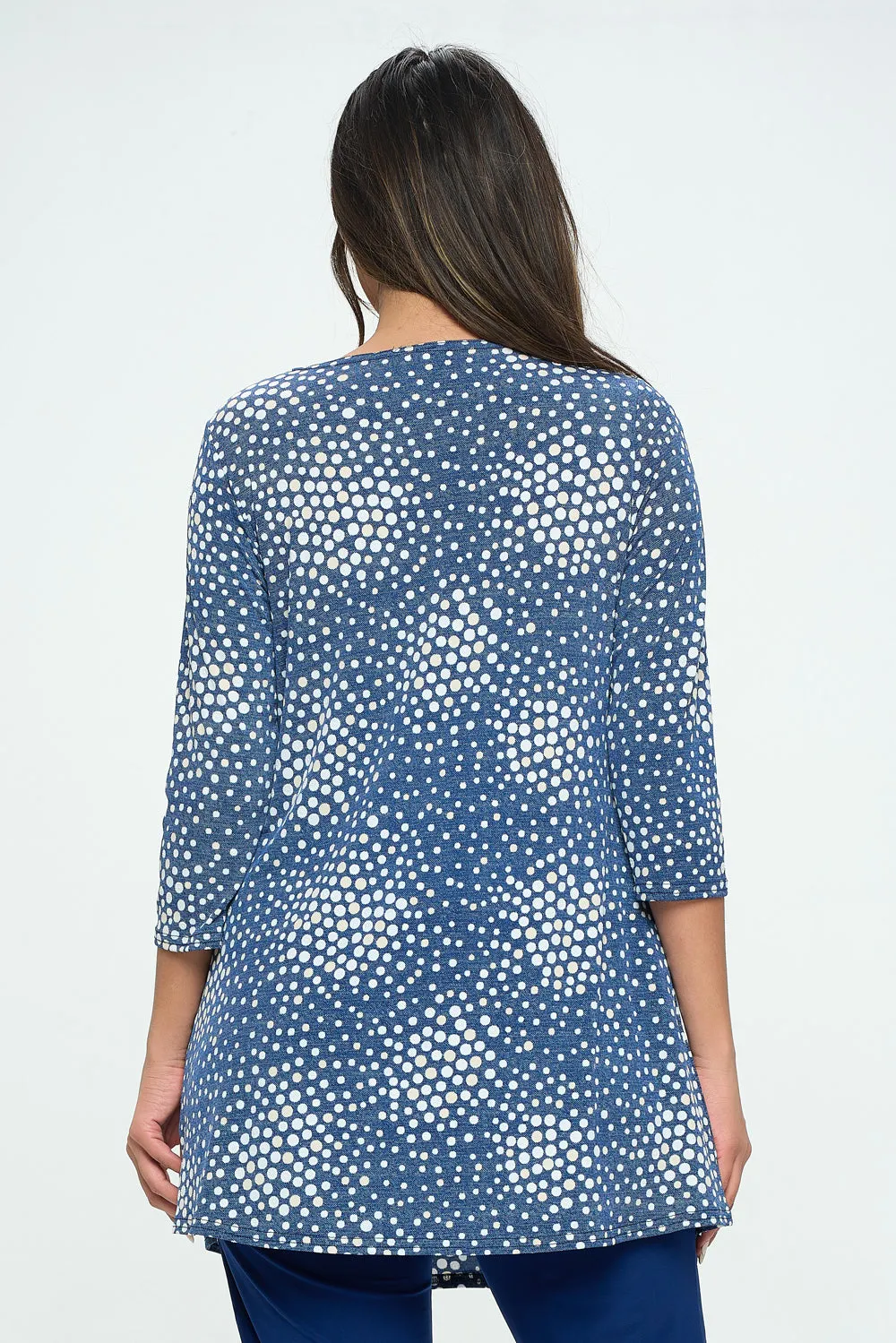 Denim Inspired Polka Dot Confetti Print Quarter Sleeve Top with Side Seam Pockets-3086HT-QRP1-K-W374