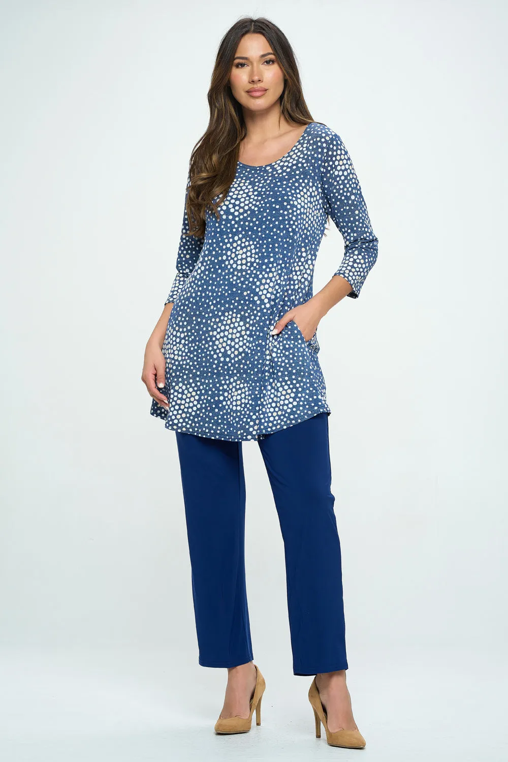 Denim Inspired Polka Dot Confetti Print Quarter Sleeve Top with Side Seam Pockets-3086HT-QRP1-K-W374