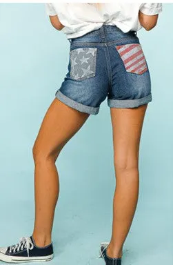 Denim Shorts with Stars & Stripes Pockets - #4242-4247