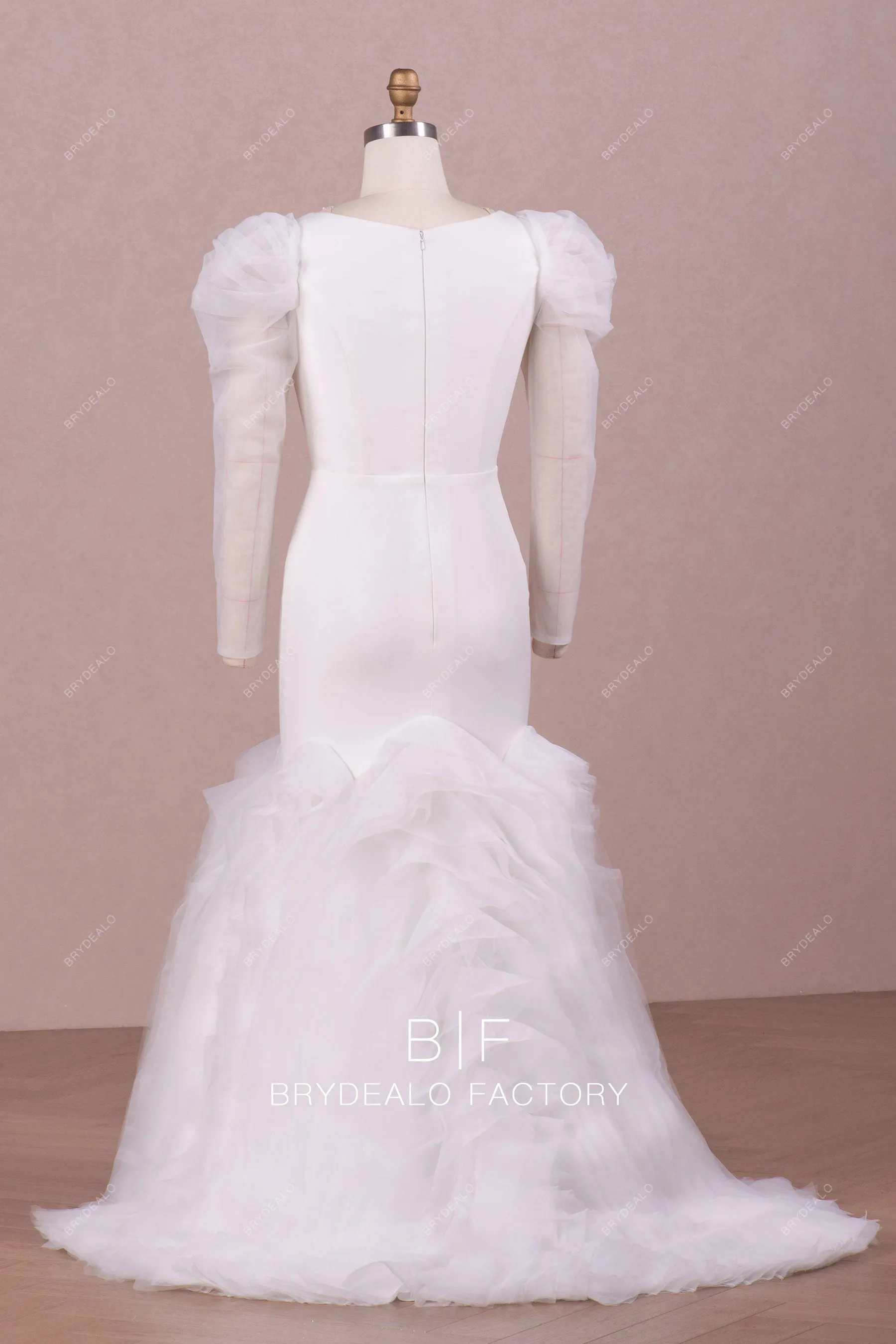 Designer Leg of Mutton Sleeve Crepe Trumpet Ruffled Wedding Dress