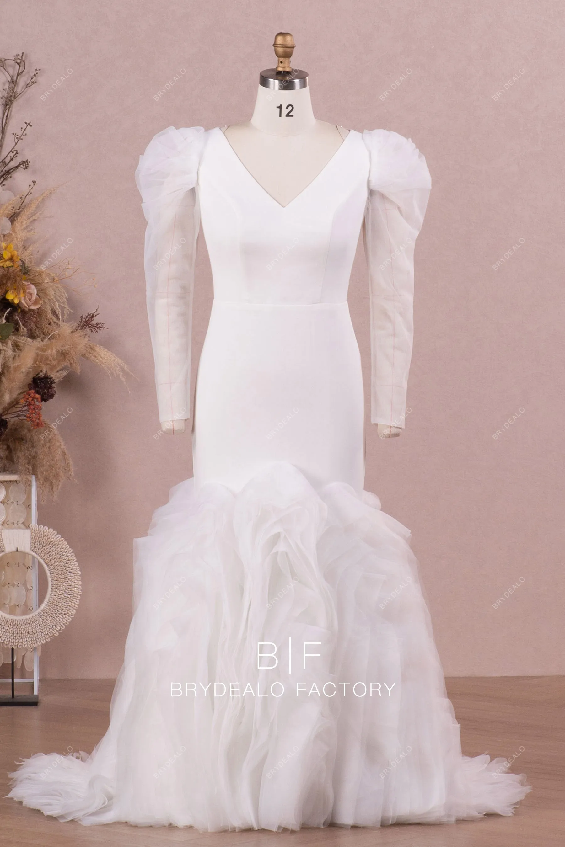 Designer Leg of Mutton Sleeve Crepe Trumpet Ruffled Wedding Dress