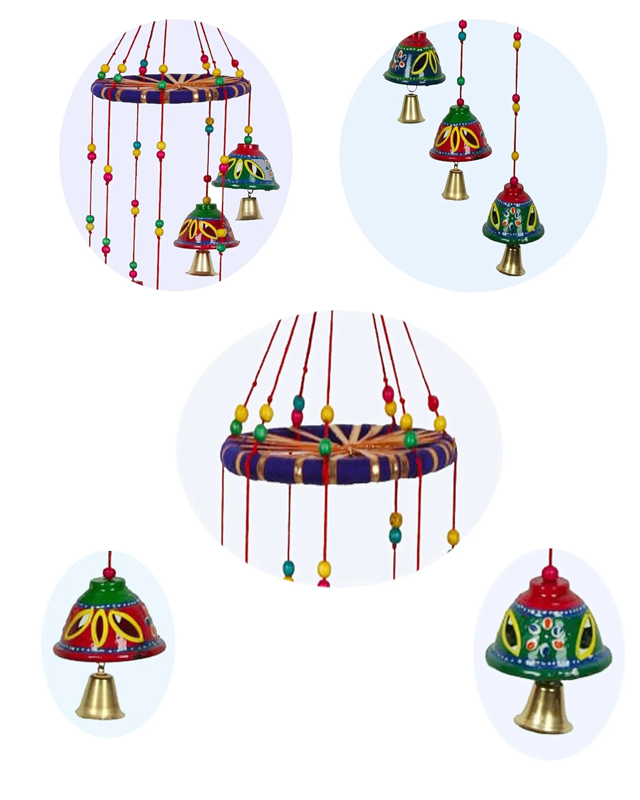 DreamKraft Handcrafted Bells Design Round Wood Windchime (55 CM, Multi)