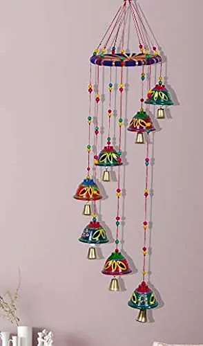 DreamKraft Handcrafted Bells Design Round Wood Windchime (55 CM, Multi)