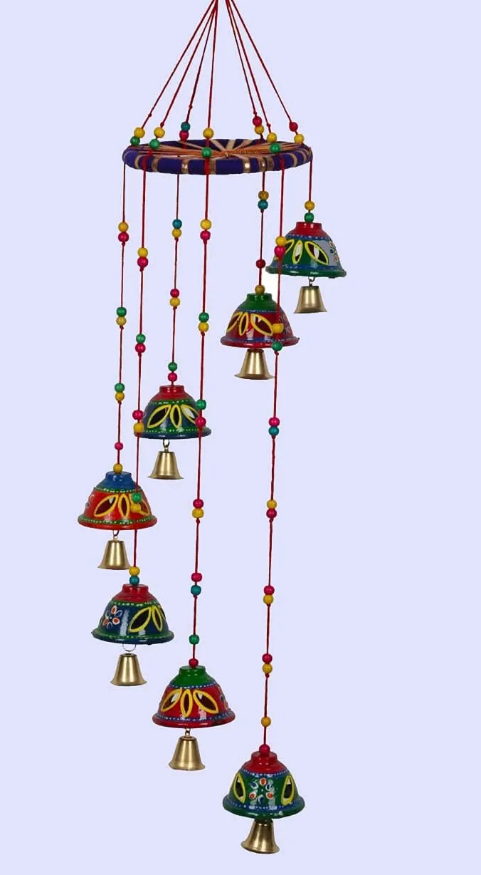 DreamKraft Handcrafted Bells Design Round Wood Windchime (55 CM, Multi)