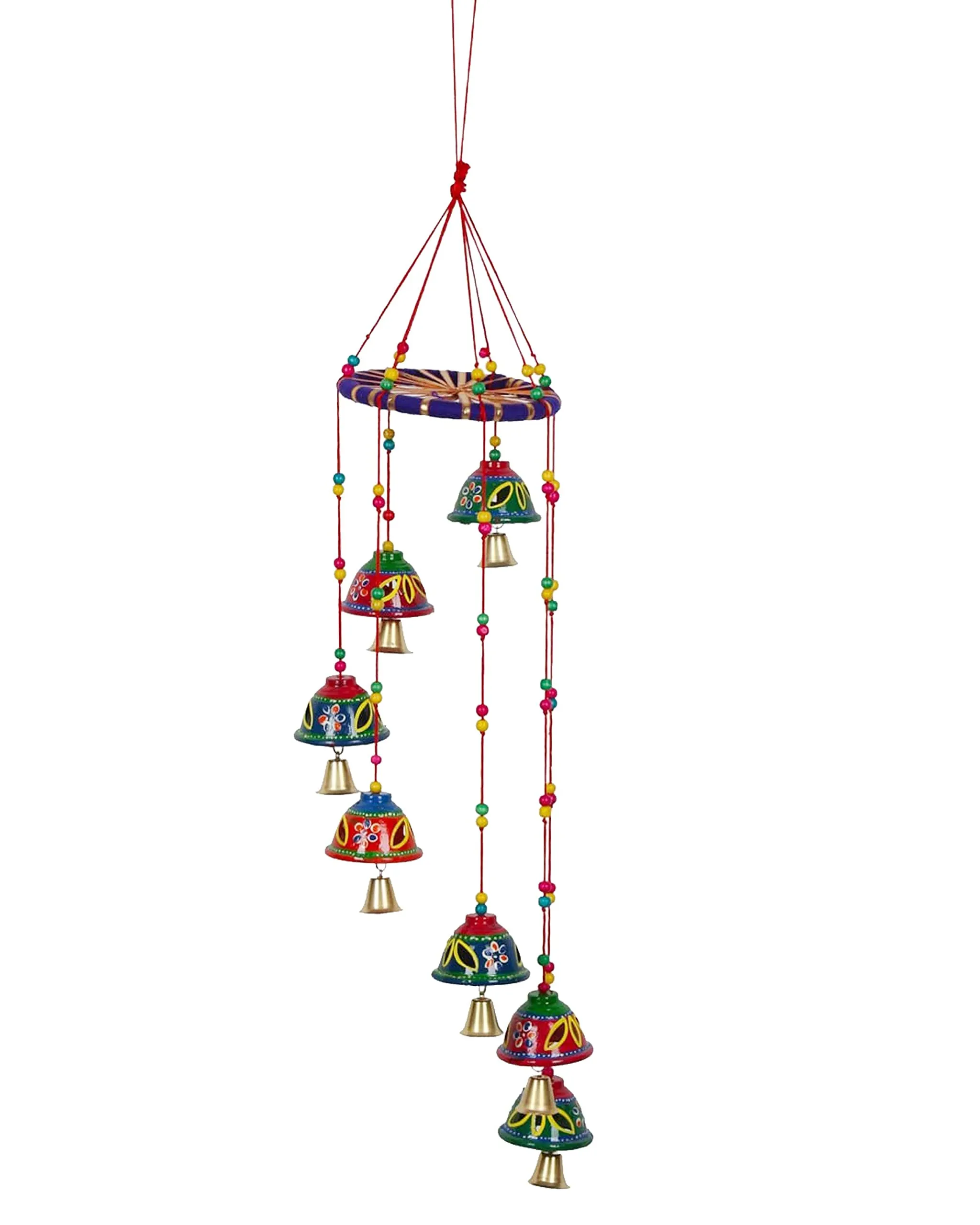 DreamKraft Handcrafted Bells Design Round Wood Windchime (55 CM, Multi)