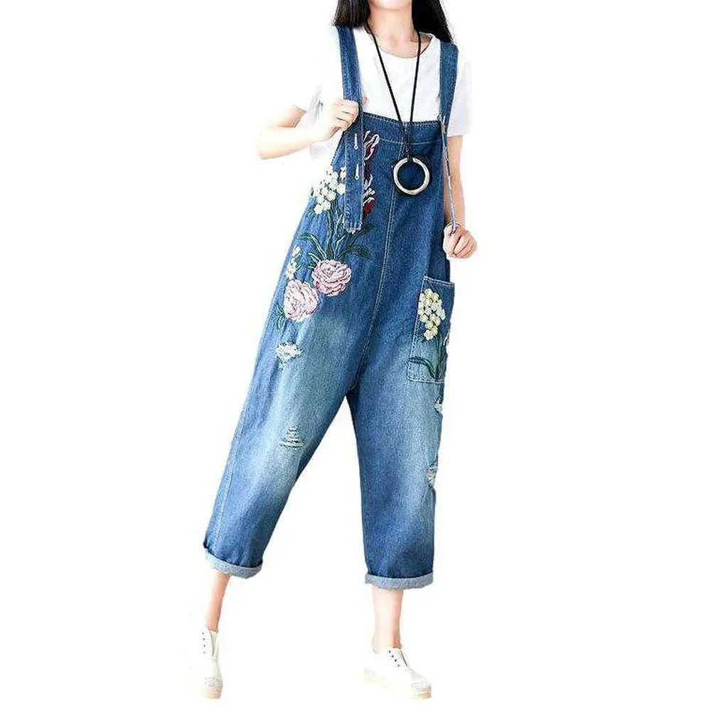 Embroidered denim dungaree for ladies