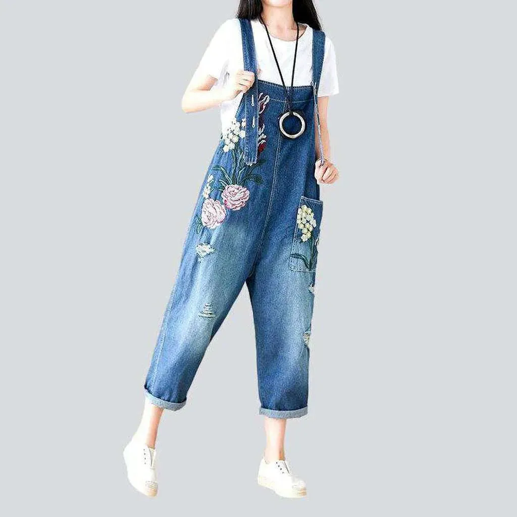 Embroidered denim dungaree for ladies