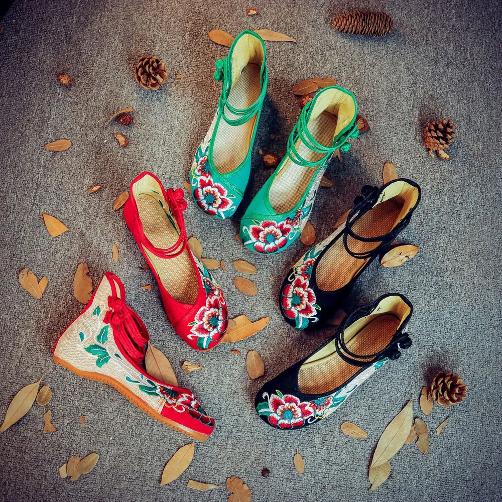 Ethnic style vintage disc buckle embroidered cloth shoes spring and autumn flax round toe women's single shoes