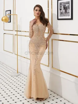 Fashion Long Sleeves Sequin Mermaid Long Evening Prom Dresses, XDM1132