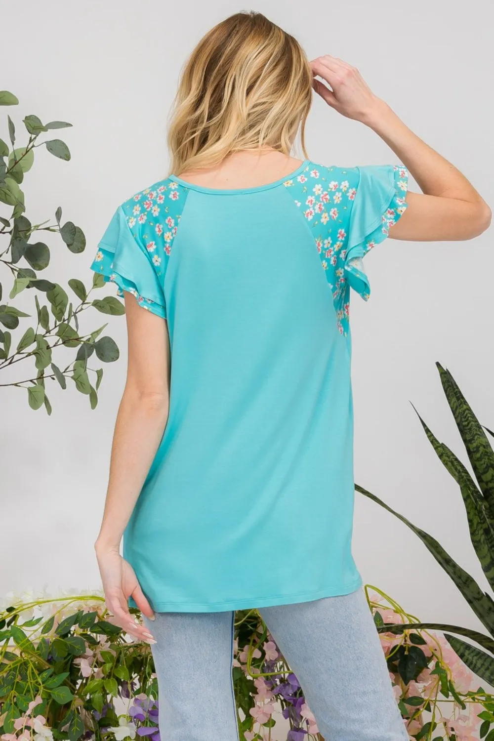 Full Size Floral Contrast Short Sleeve Top