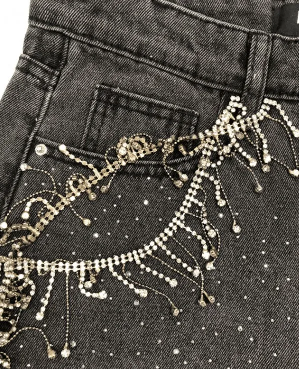 Gem Rhinestone Fringe Denim Shorts