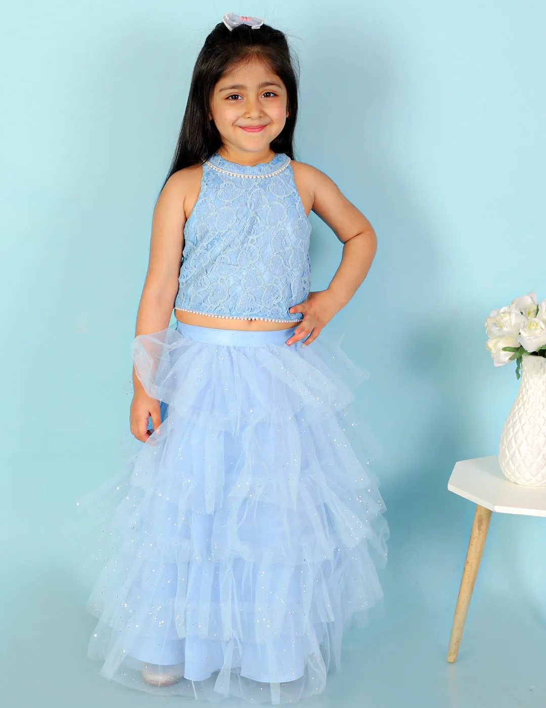 Girl's Lace Top With Pearl Detailing & Mesh Glitter Layered Skirt-Blue - Lil Peacock