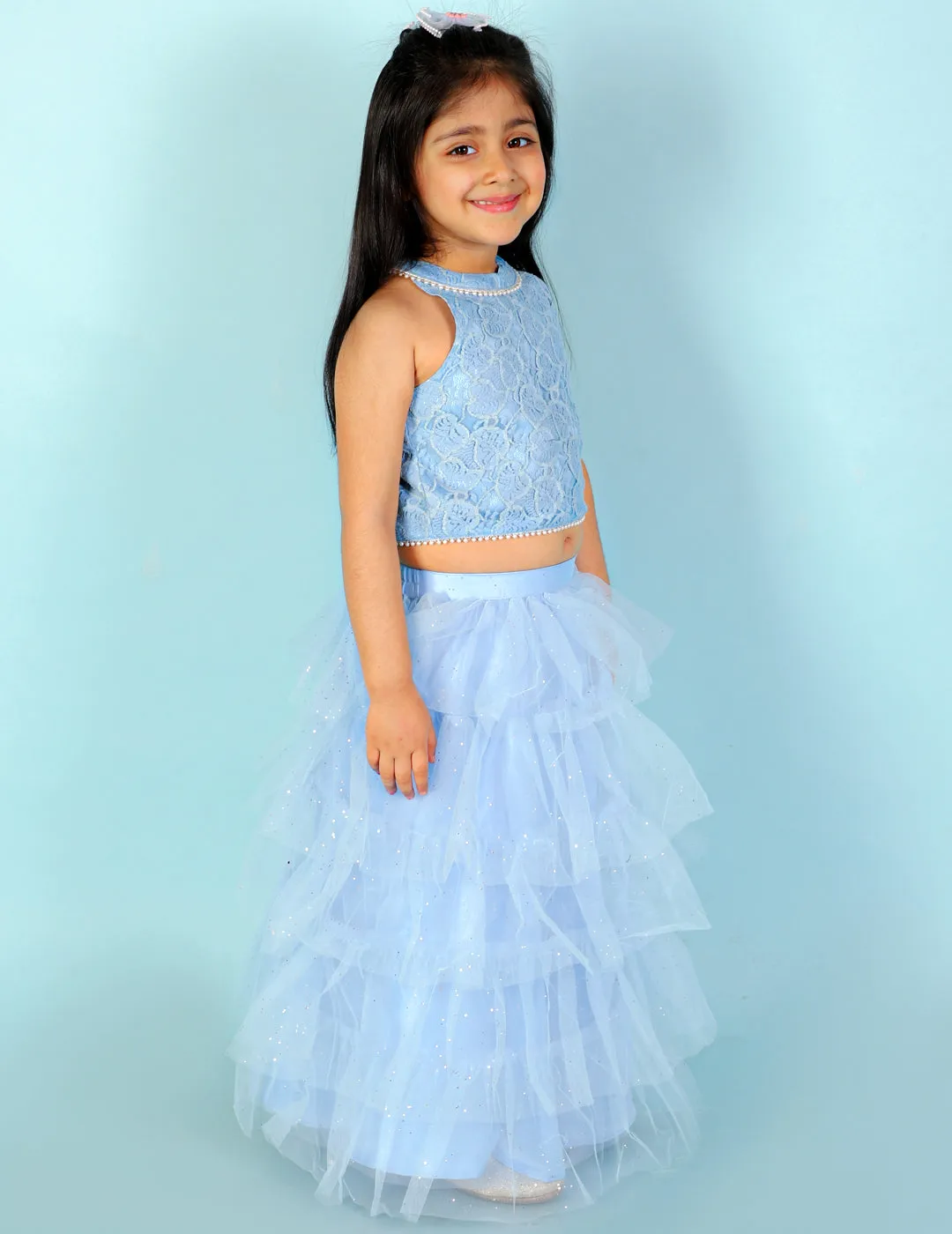 Girl's Lace Top With Pearl Detailing & Mesh Glitter Layered Skirt-Blue - Lil Peacock