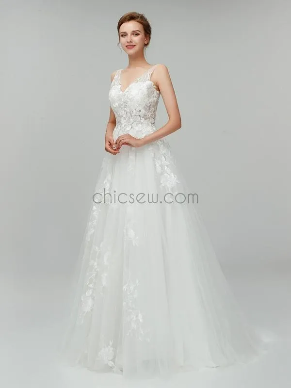 Gorgeous Lace Applique V Neck A-line Backless Long Wedding Dresses XDM1103