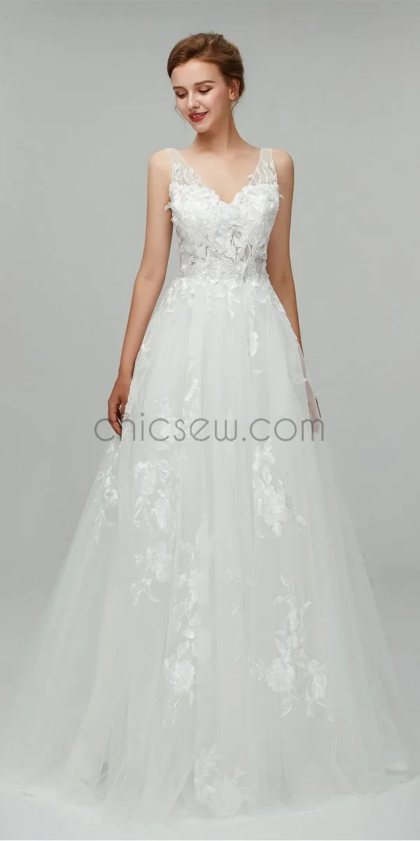 Gorgeous Lace Applique V Neck A-line Backless Long Wedding Dresses XDM1103