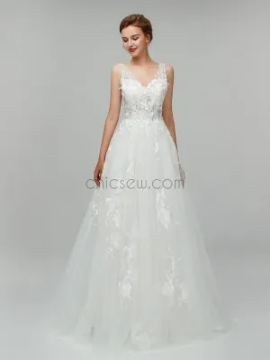 Gorgeous Lace Applique V Neck A-line Backless Long Wedding Dresses XDM1103