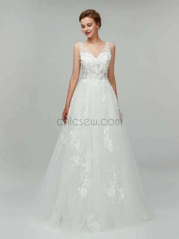 Gorgeous Lace Applique V Neck A-line Backless Long Wedding Dresses XDM1103