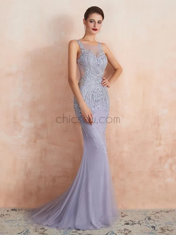 Gorgeous Round Neck Tulle Mermaid Beaded Long Evening Prom Dresses, XDM1184