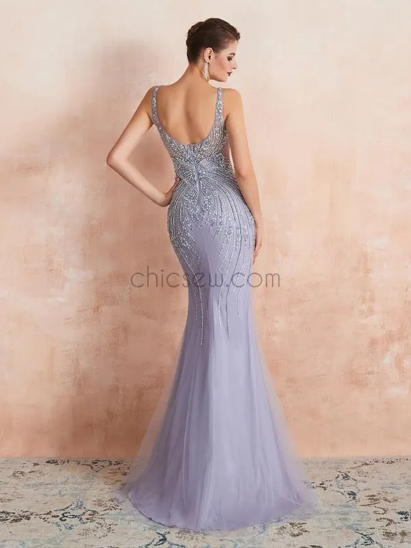 Gorgeous Round Neck Tulle Mermaid Beaded Long Evening Prom Dresses, XDM1184