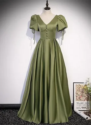 Green Satin A-line Puffy Sleeves A-line Prom Dress, V-neck Simple Long Formal Party Gown