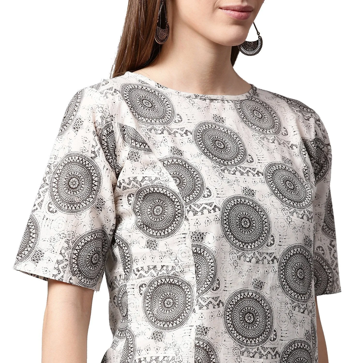 Grey Printed Half Sleeve Cotton Kurta With Black Printed Skirt