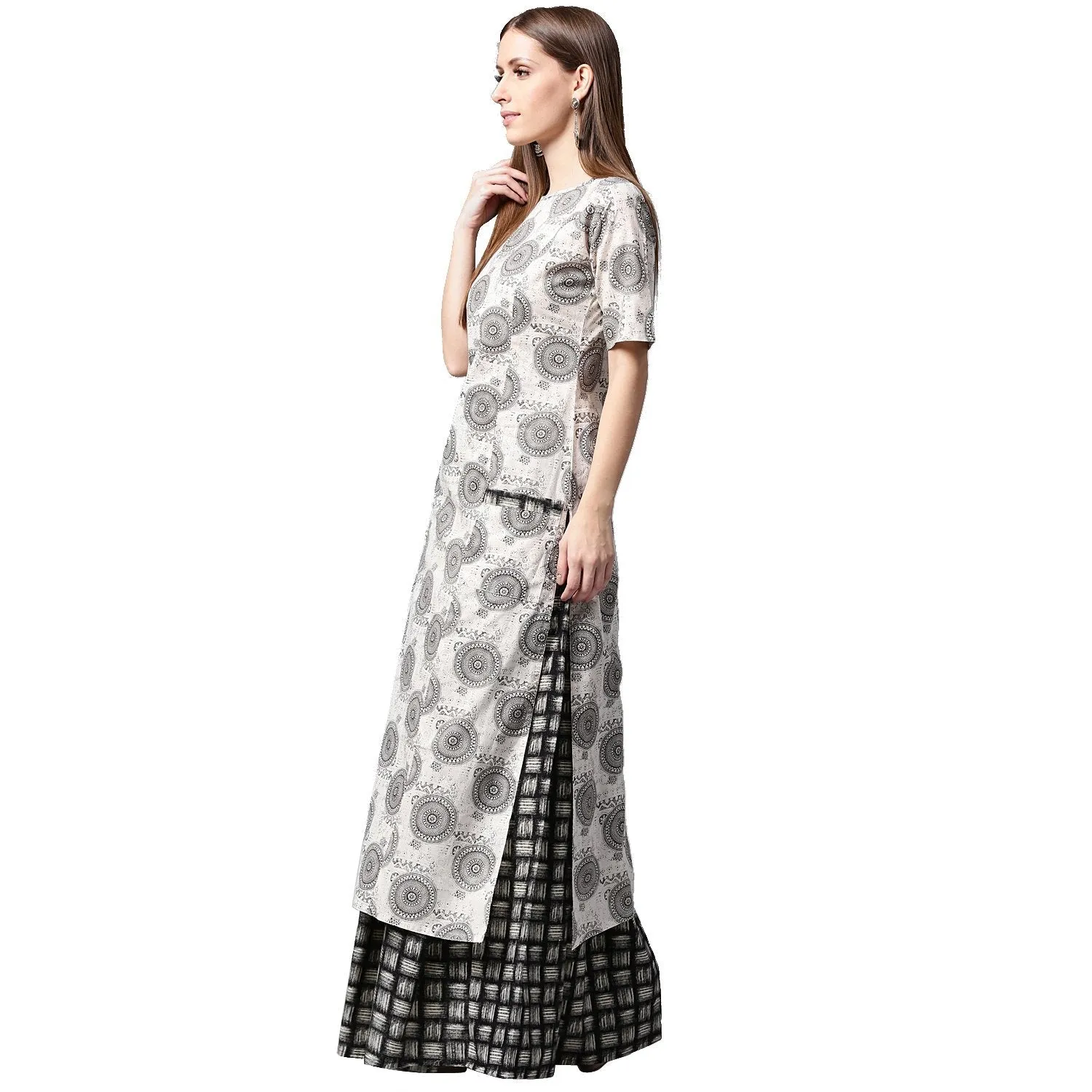 Grey Printed Half Sleeve Cotton Kurta With Black Printed Skirt