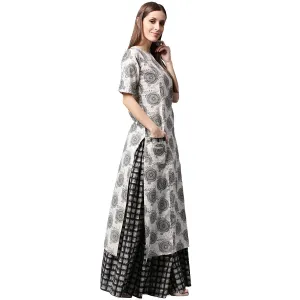 Grey Printed Half Sleeve Cotton Kurta With Black Printed Skirt