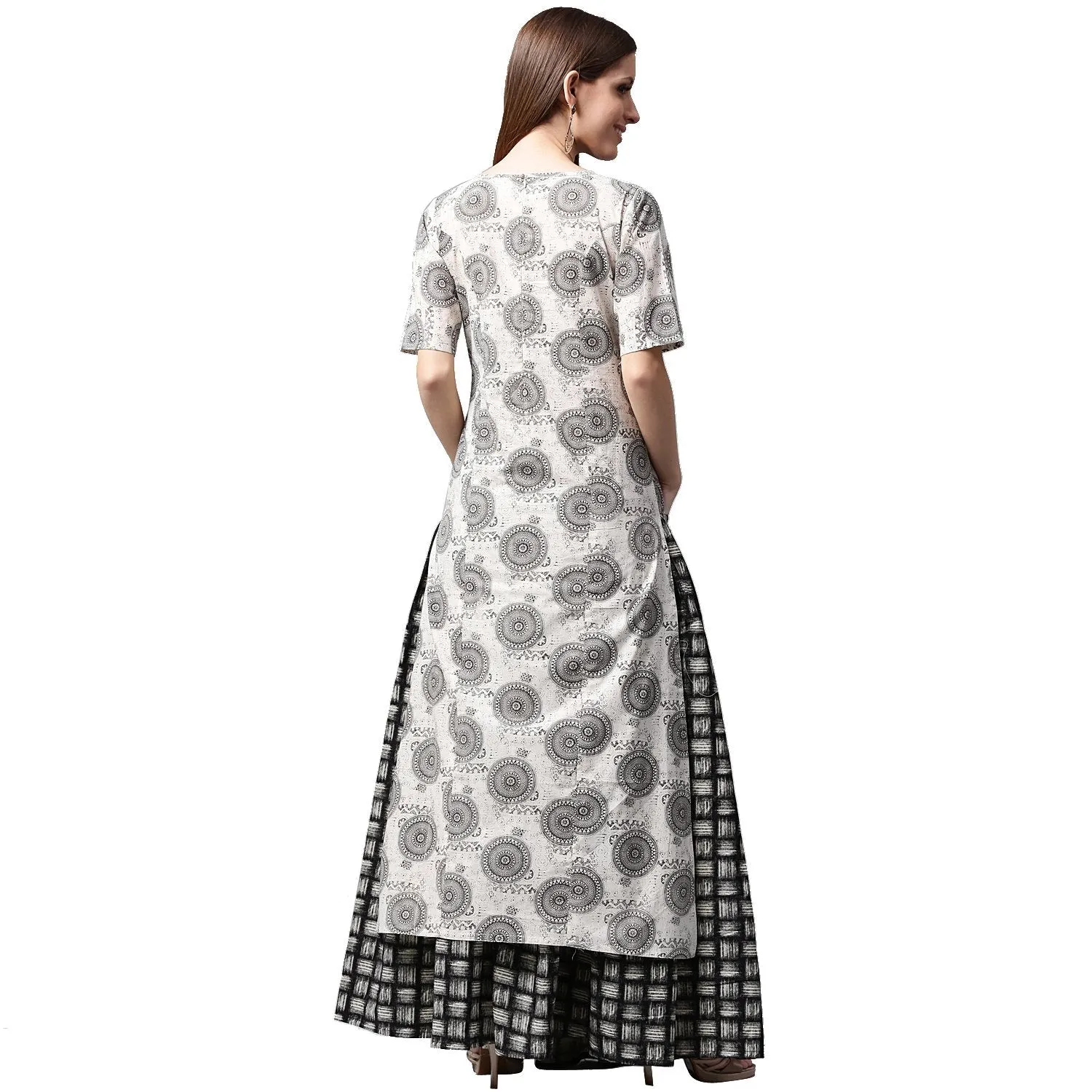 Grey Printed Half Sleeve Cotton Kurta With Black Printed Skirt