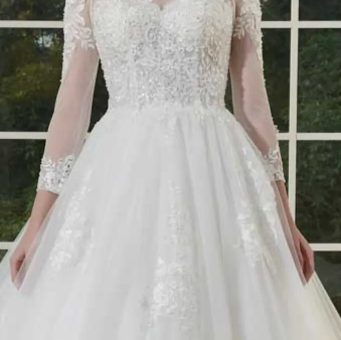 Illusion Long Lace Sleeve Beaded Bodice Wedding Ball Gown