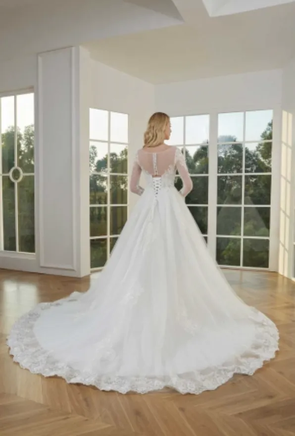 Illusion Long Lace Sleeve Beaded Bodice Wedding Ball Gown