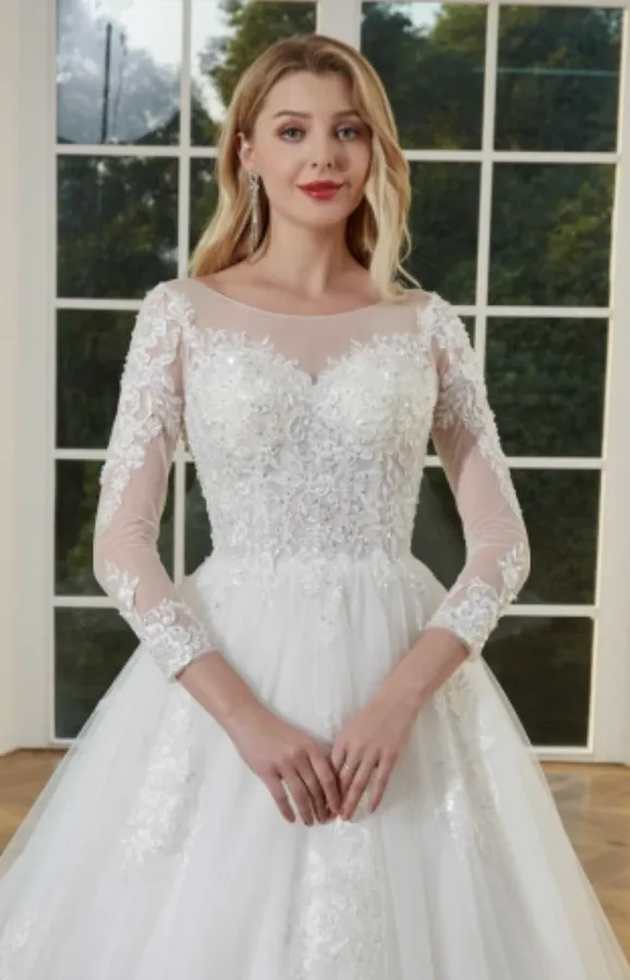 Illusion Long Lace Sleeve Beaded Bodice Wedding Ball Gown