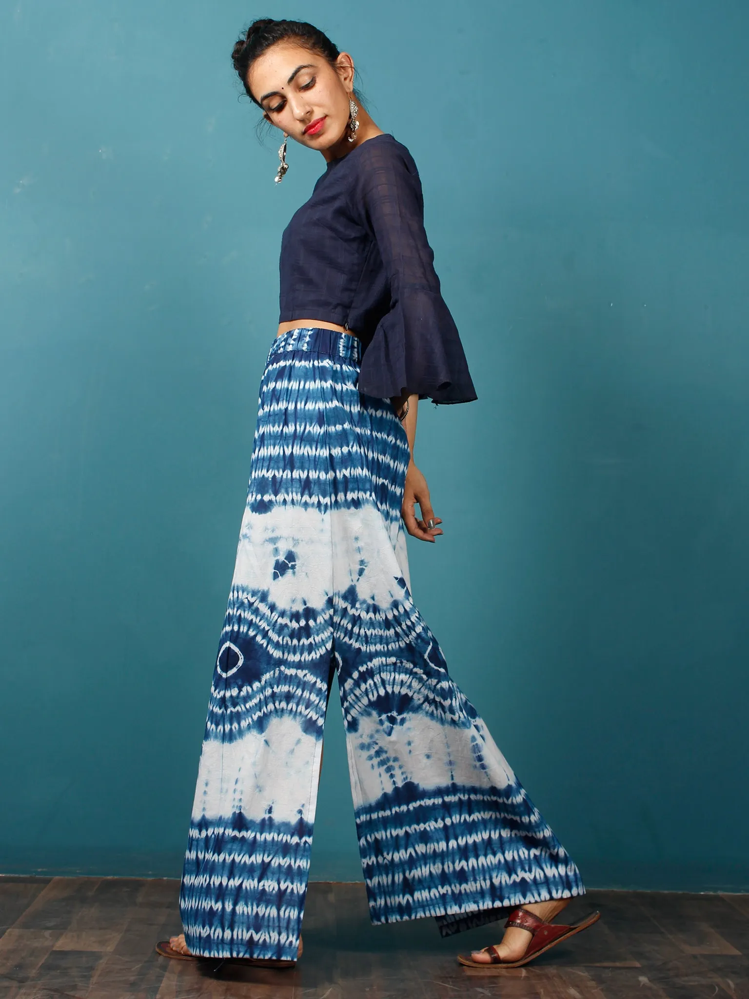 Indigo White Shibori Hand Block Printed Straight Skirt With Side Slits - S40F295