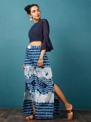 Indigo White Shibori Hand Block Printed Straight Skirt With Side Slits - S40F295