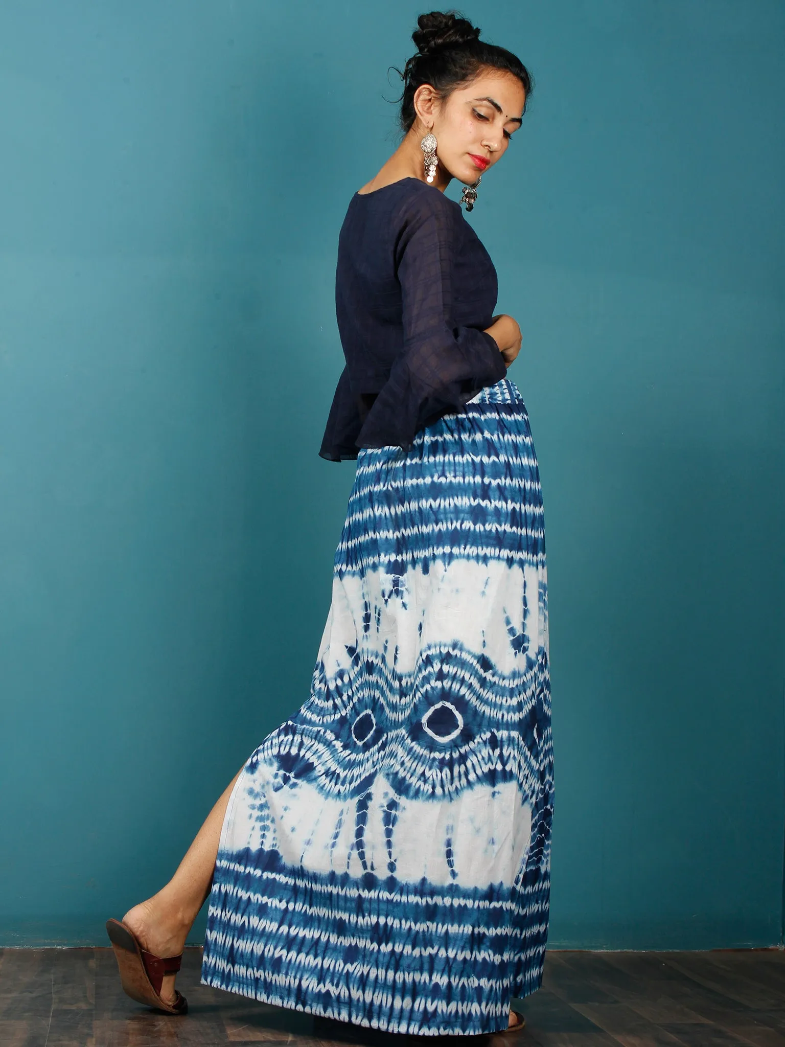 Indigo White Shibori Hand Block Printed Straight Skirt With Side Slits - S40F295