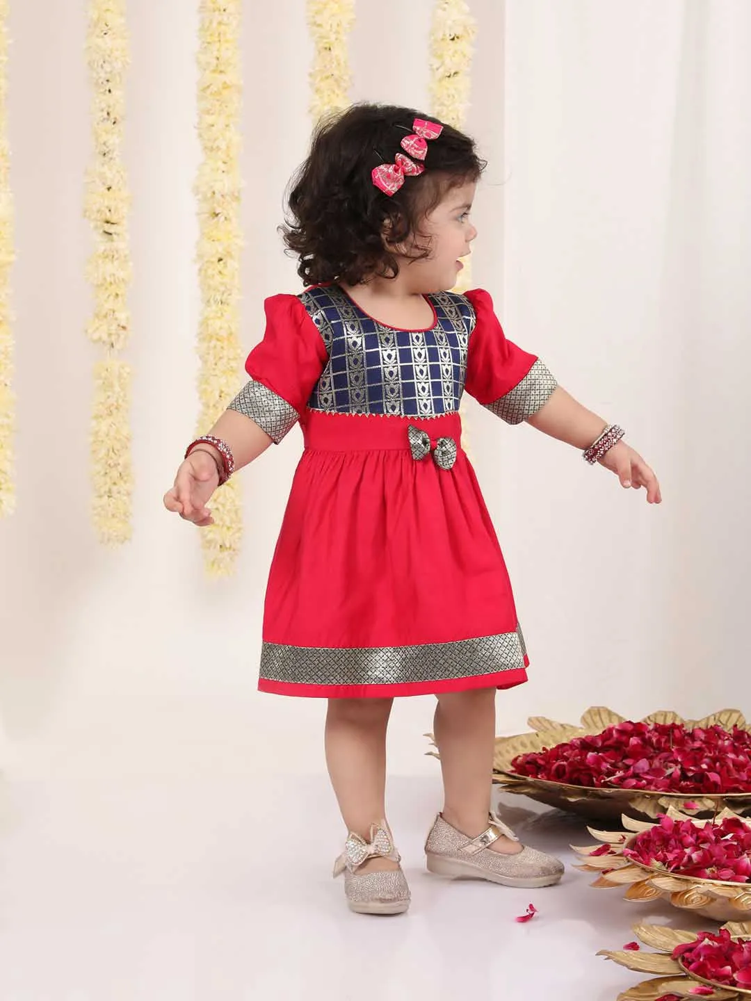 Jashvi Girl's Navy Blue And Pink Banarsi Frock