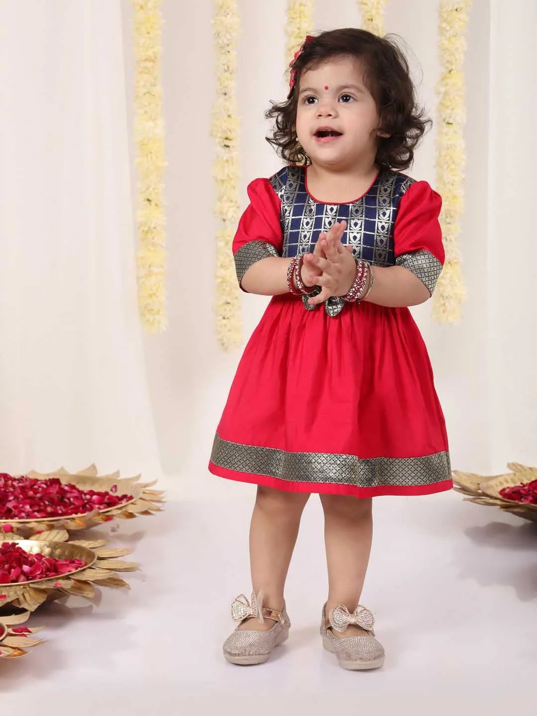 Jashvi Girl's Navy Blue And Pink Banarsi Frock