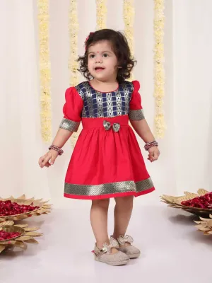 Jashvi Girl's Navy Blue And Pink Banarsi Frock