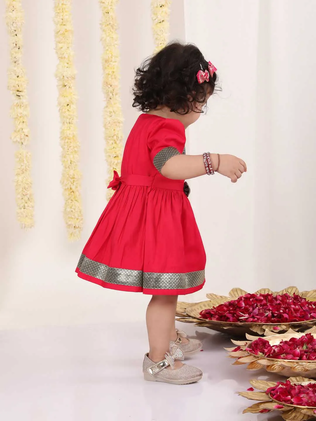 Jashvi Girl's Navy Blue And Pink Banarsi Frock