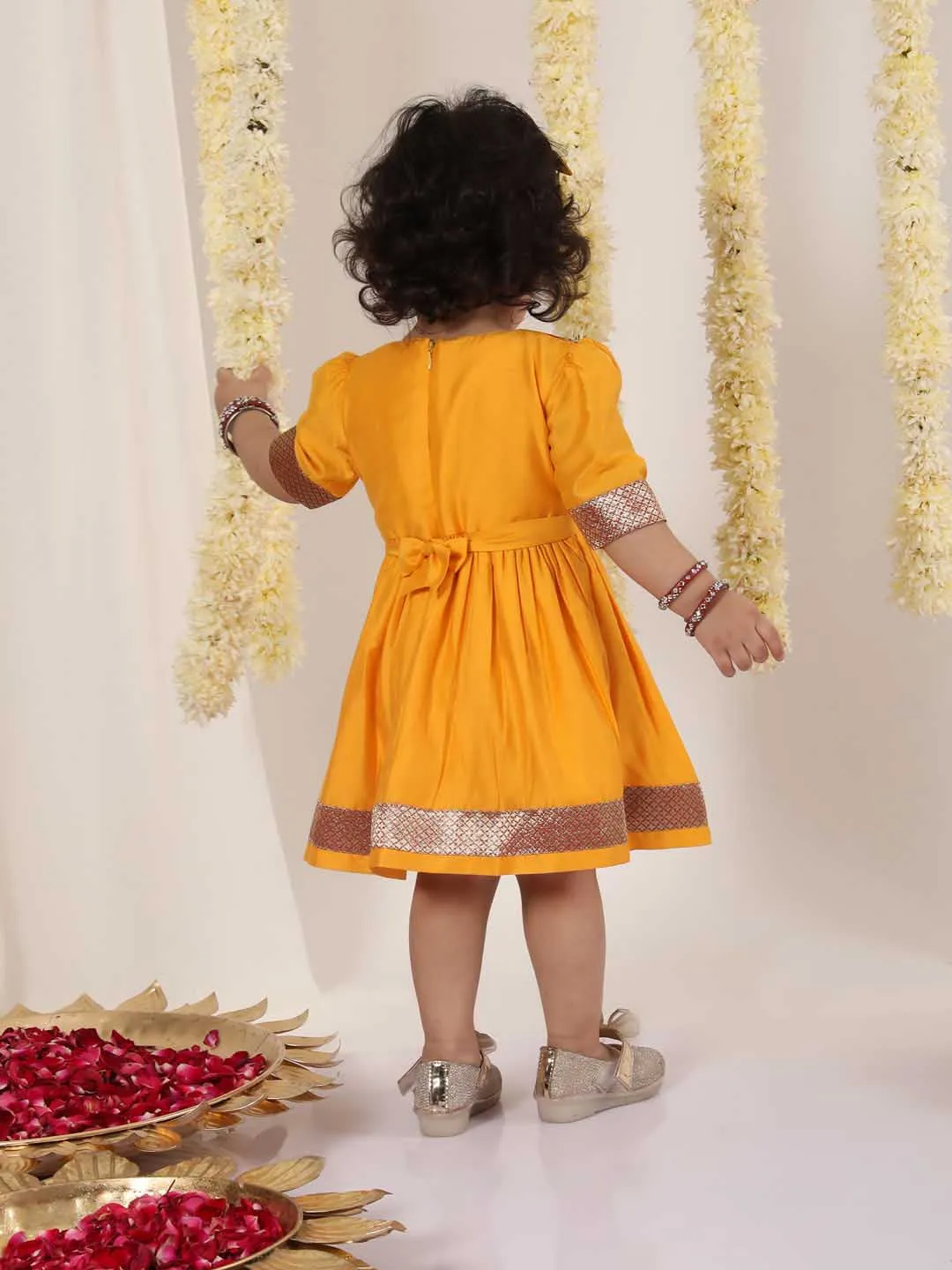 Jashvi Girl's Red And Yellow Banarsi Frock