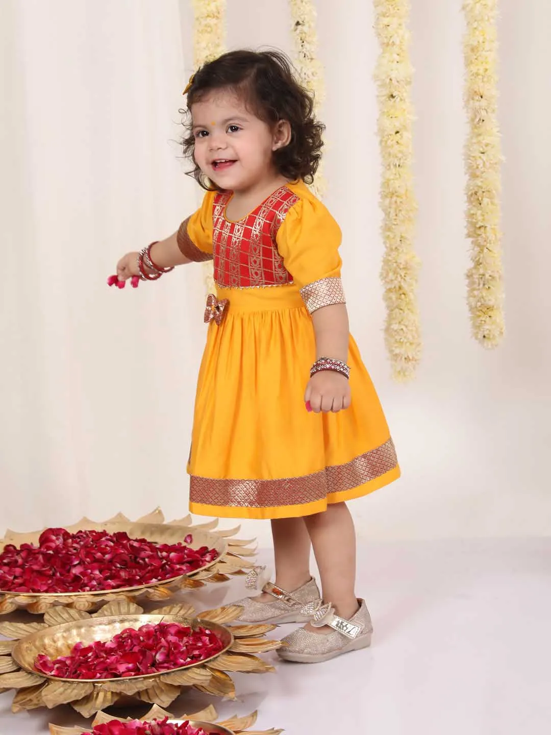 Jashvi Girl's Red And Yellow Banarsi Frock